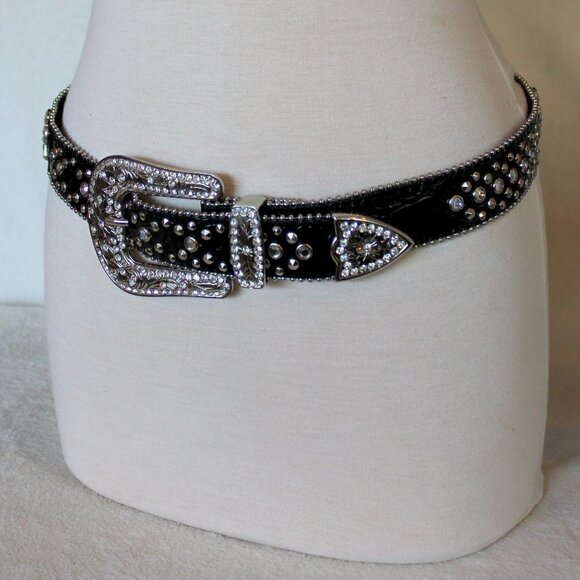 Western Black Bling Cross Belt & Buckle Clear Crystal Accent Genuine Leather SM main image 10